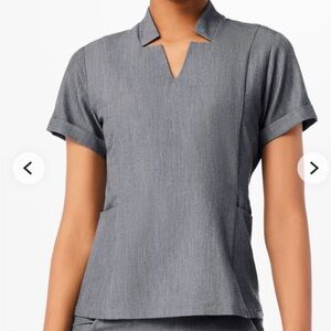 Figs Gray Fitted Blouse with Cuffed Sleeves and Mandarin Collar